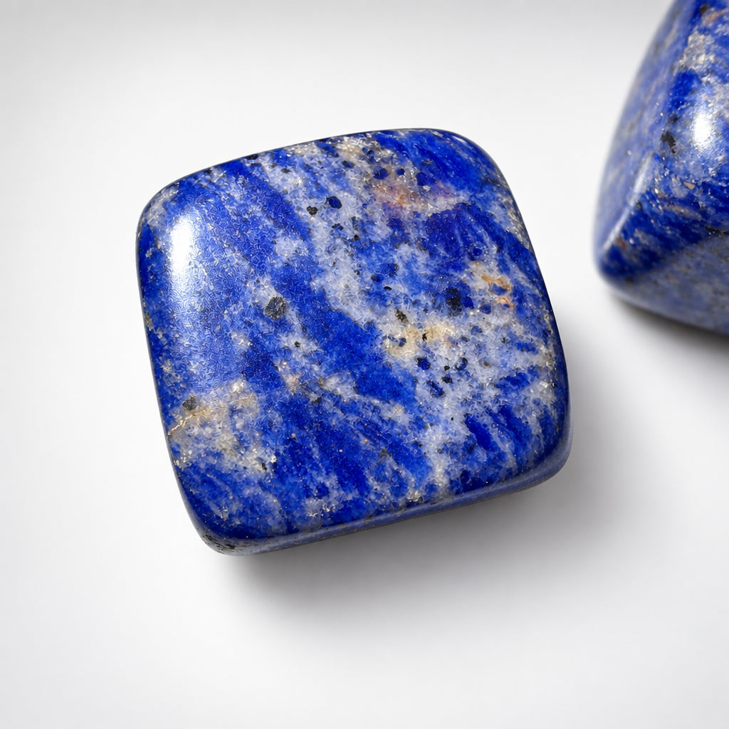 close up of a polished cube carved from summer sodalite crystal