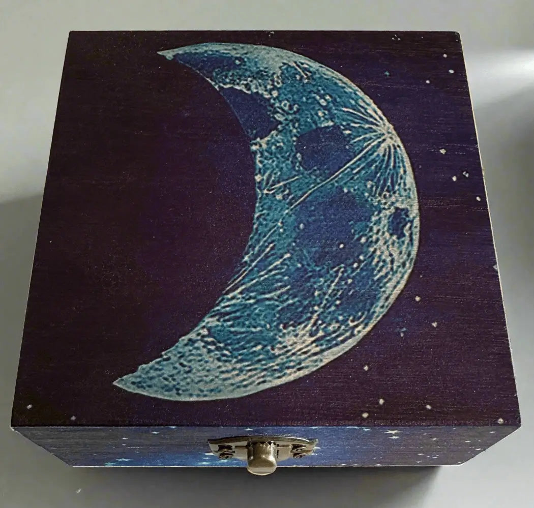 Wooden Box decorated with a hand crafted blue moon design