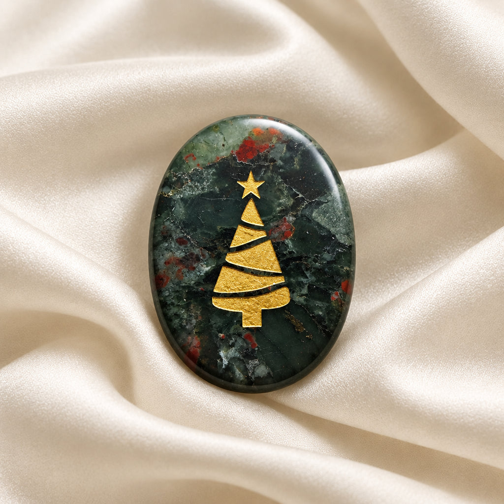Carved worry stone made from Bloodstone crystal, a christmas tree etched on one side in a gold tone