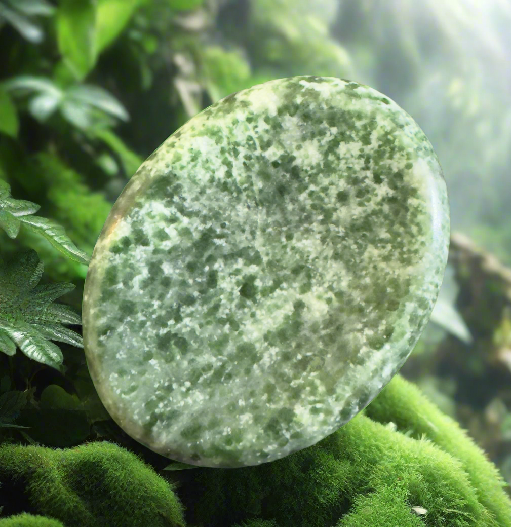 Oval green polished stone on green moss.
