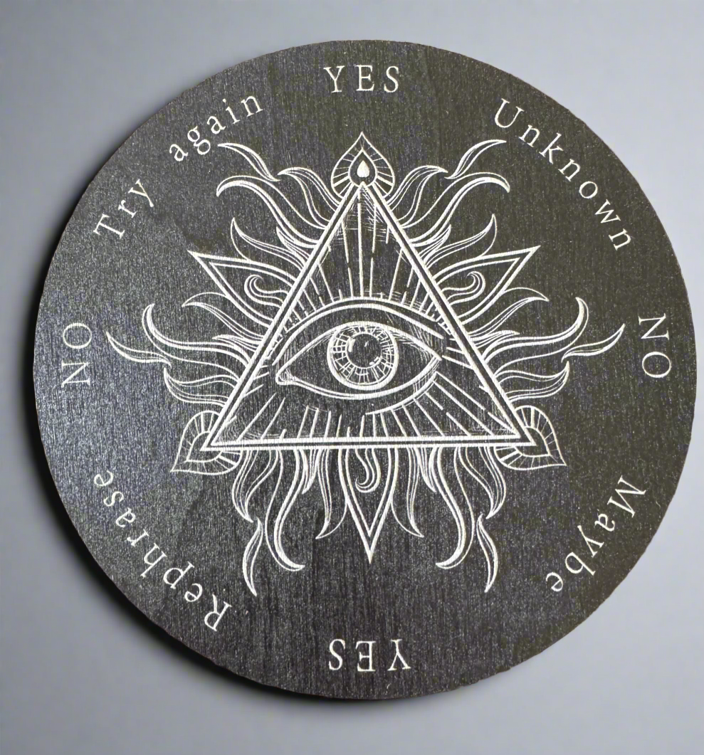 Dark gray circular board with an eye in a triangle design and the words "YES", "NO", "MAYBE", "TRY AGAIN", "UNKNOWN", and "REPHRASE" written around the perimeter in white.