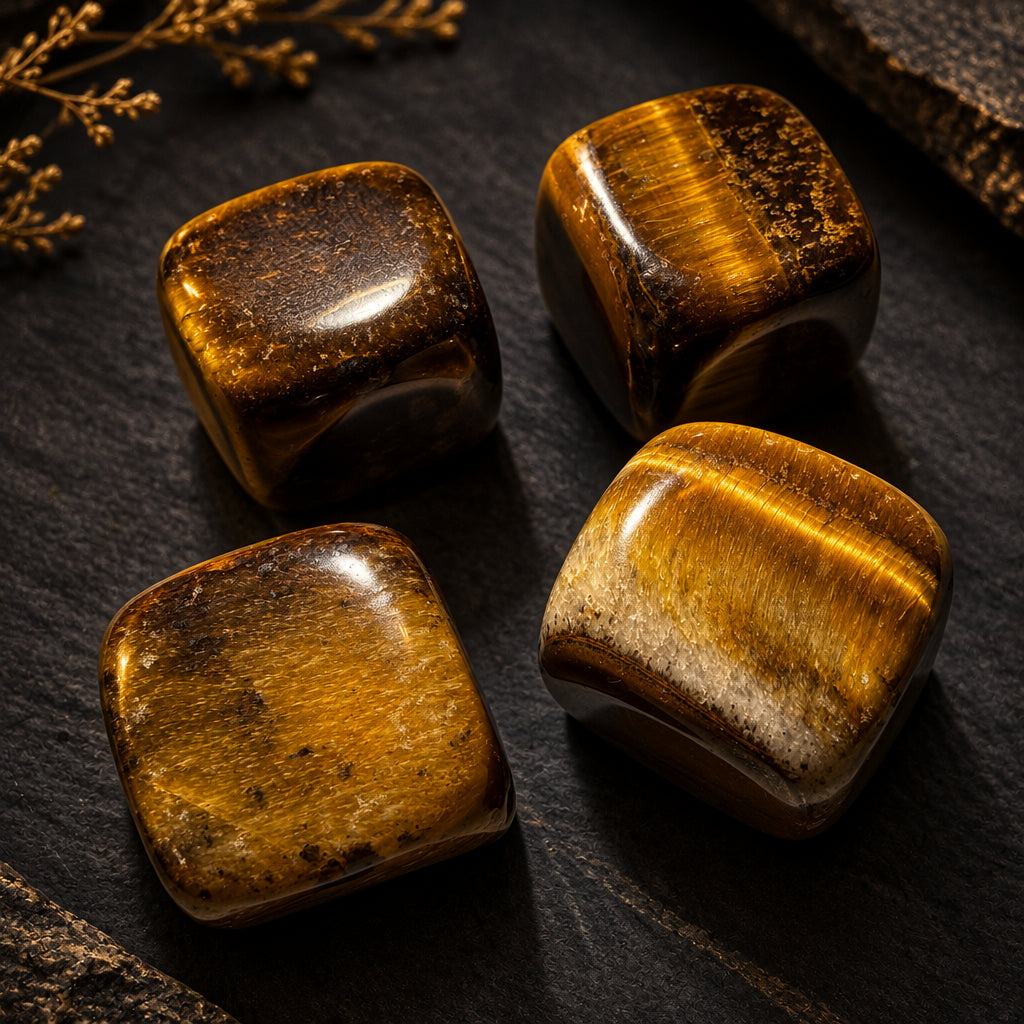 Close up of Tiger’s Eye carved crystal cubes