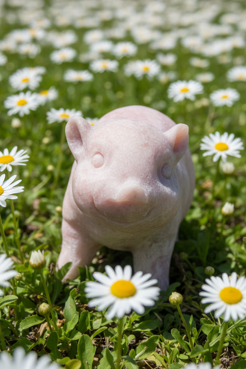A carved pig from pink calcite adorable details, ears, eyes, snout and happy smile. pretty soft pinks and gray