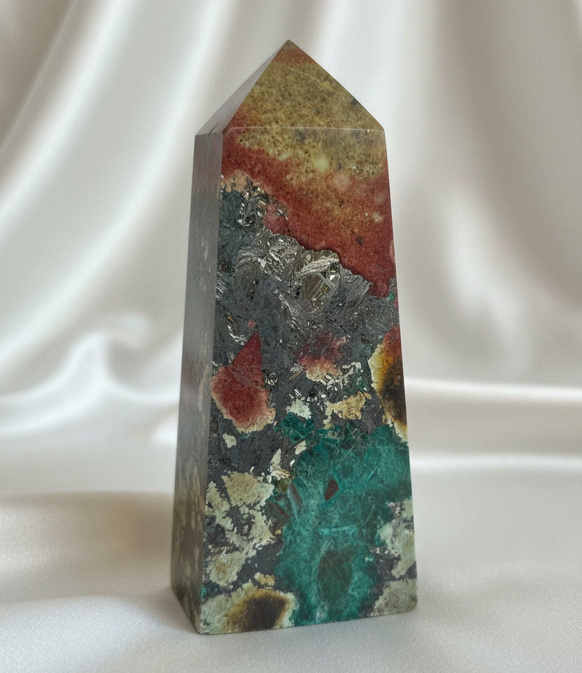 Chrysocolla and Azurite crystal set angled display