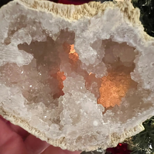 Clear Quartz geode half with sparkling crystal interior 
