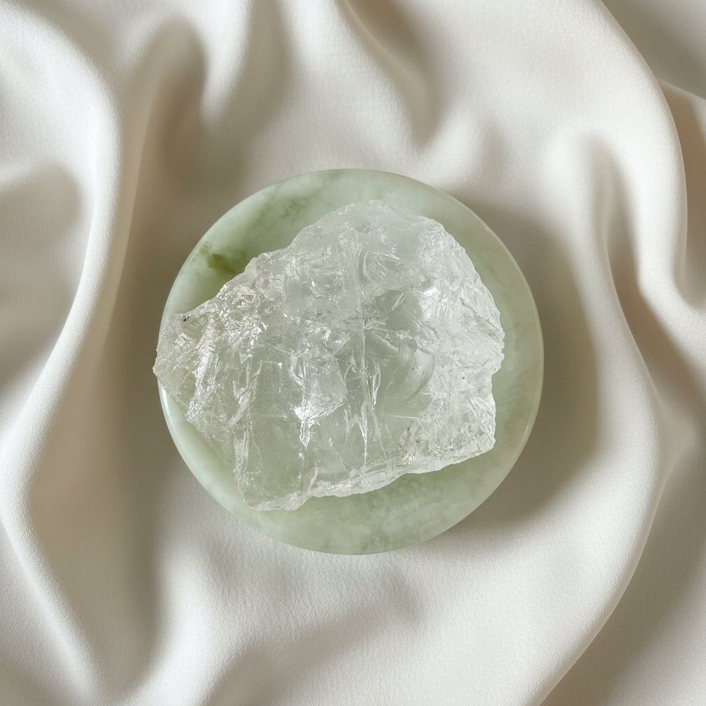 Clear Quartz Raw Gemstone in a serpentine bowl