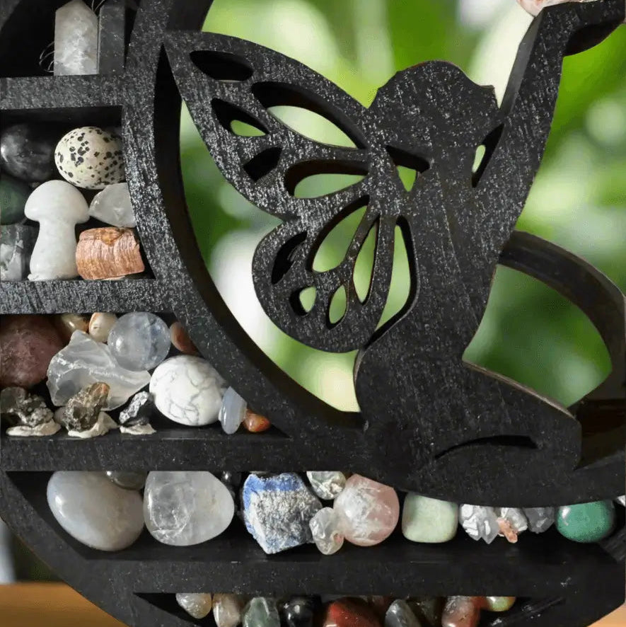 Close up of Fairy Moon crystal shelf with curated crystal display