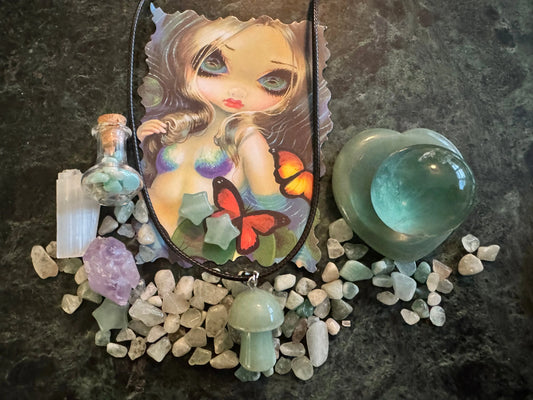 Selenite crystal charm bag set with Fluorite Aventurine and Amethyst