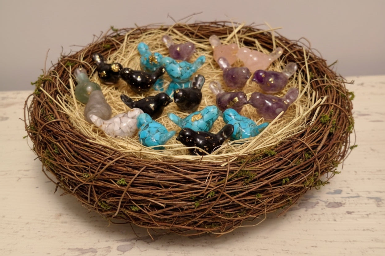 Opalite birds in a cute nest several materials like, black obsidian, turquoise, amethyst, orgone orgonite