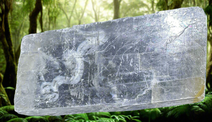 Large clear selenite crystal against a jungle background.