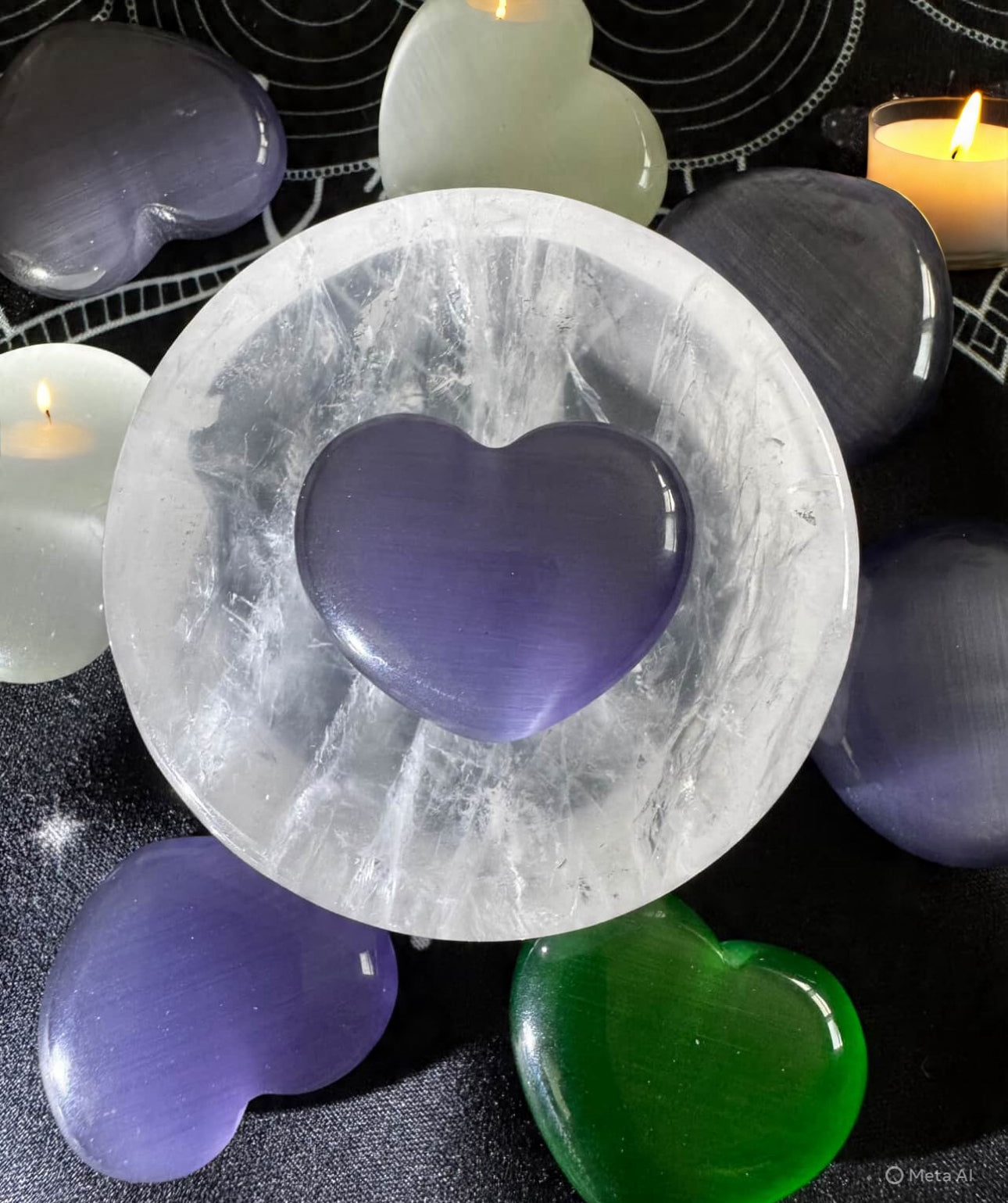 A white quartz bowl with a purple heart-shaped gemstone resting inside, surrounded by other heart-shaped gemstones in colors like green, white, and purple, all on a dark, patterned surface next to lit candles.
