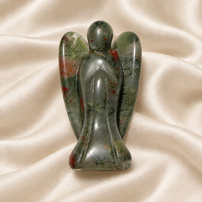 Polished natural bloodstone crystal hand carved, beautiful detail Angel. soft moss green colors and red Iron Oxide inclusions. Green is Jasper 