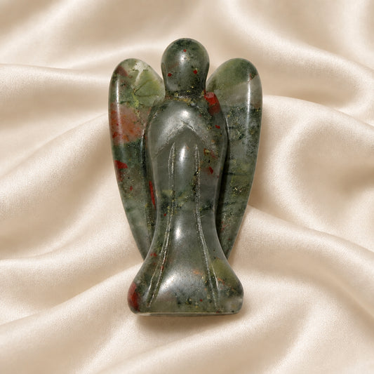Polished natural bloodstone crystal hand carved, beautiful detail Angel. soft moss green colors and red Iron Oxide inclusions. Green is Jasper 