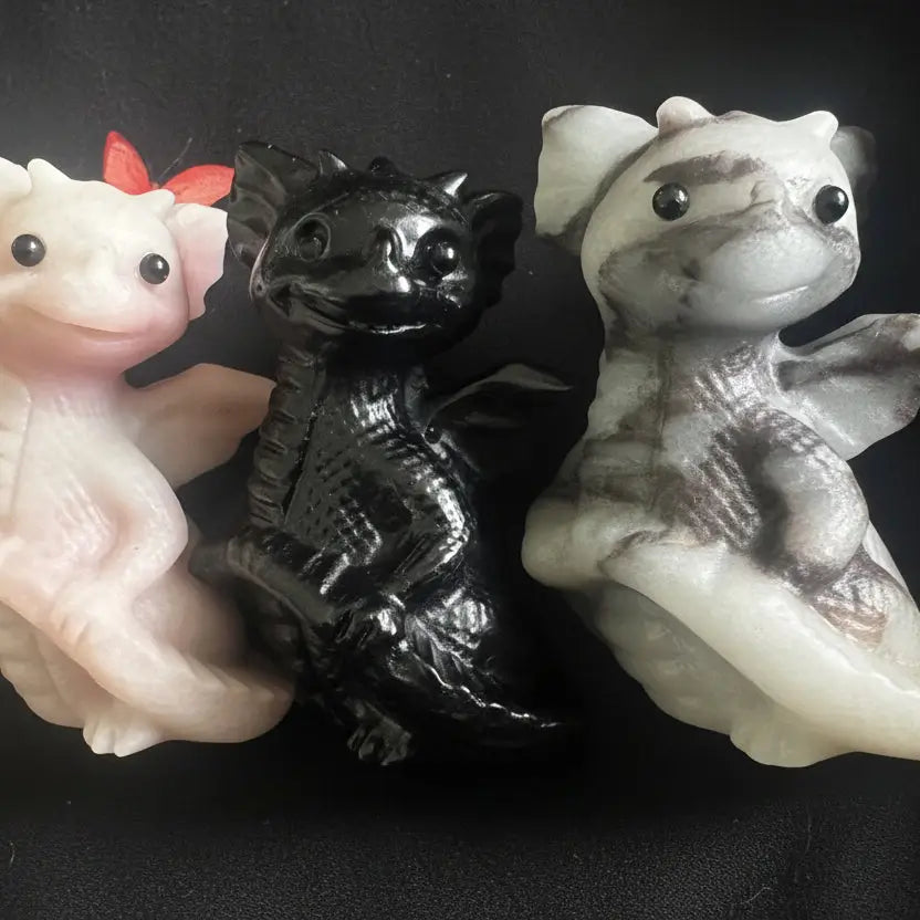 Three little baby dragon carvings Taiji Stone, Pink Agate and Black obsidian 