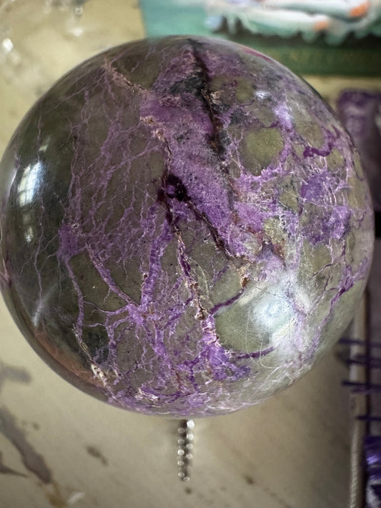 Atlantisite Stichtite in Serpentine set angled display