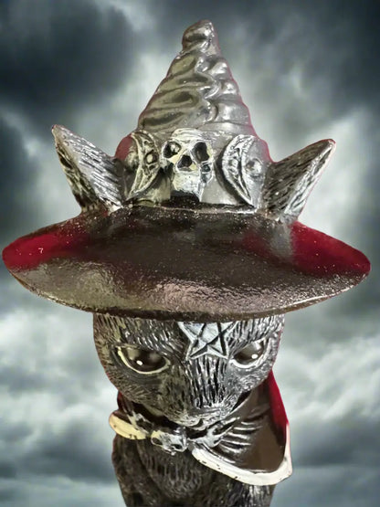 Resin witch kitty Halloween altar figurine angled view
