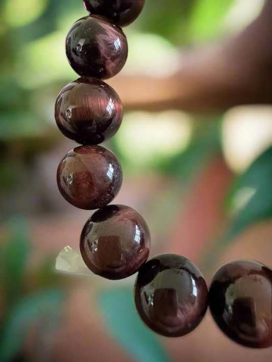 Close-up of a burgundy gemstone bead bracelet with reflections, against a blurred green and brown background.
