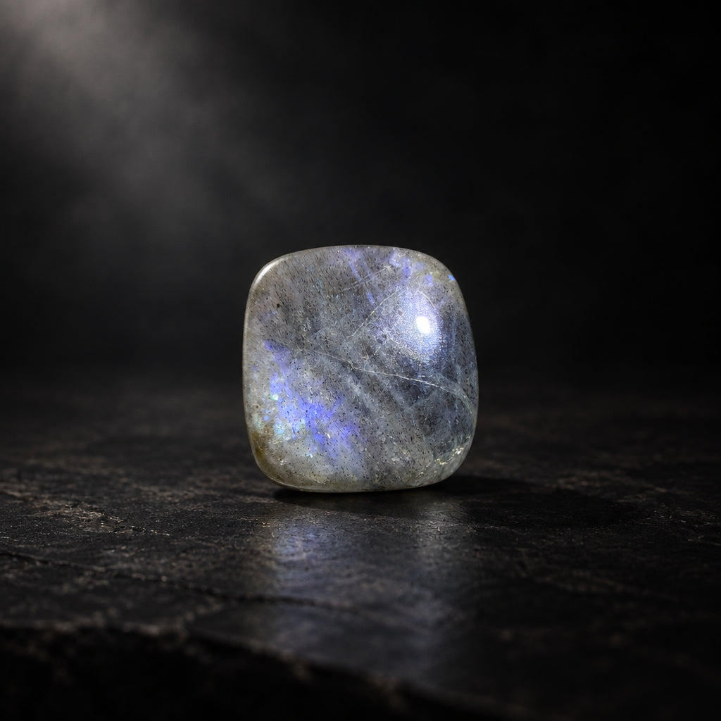 A polished labradorite stone cabochon with a rounded square shape, displaying a gray base color with iridescent flashes of blue, purple, and white, resting on a light surface.
