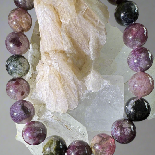 Elbaite Tourmaline bracelet with 10mm beads front view