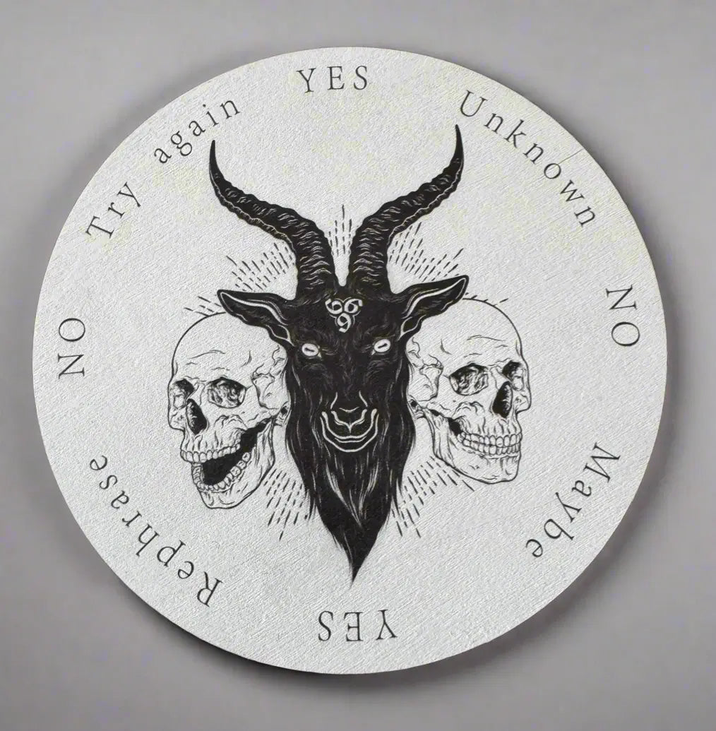 Round pendulum board with goat head skulls and answer options