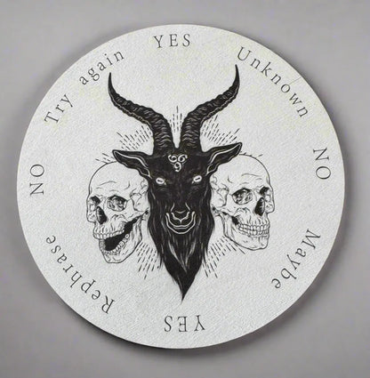 Round pendulum board with goat head skulls and answer options