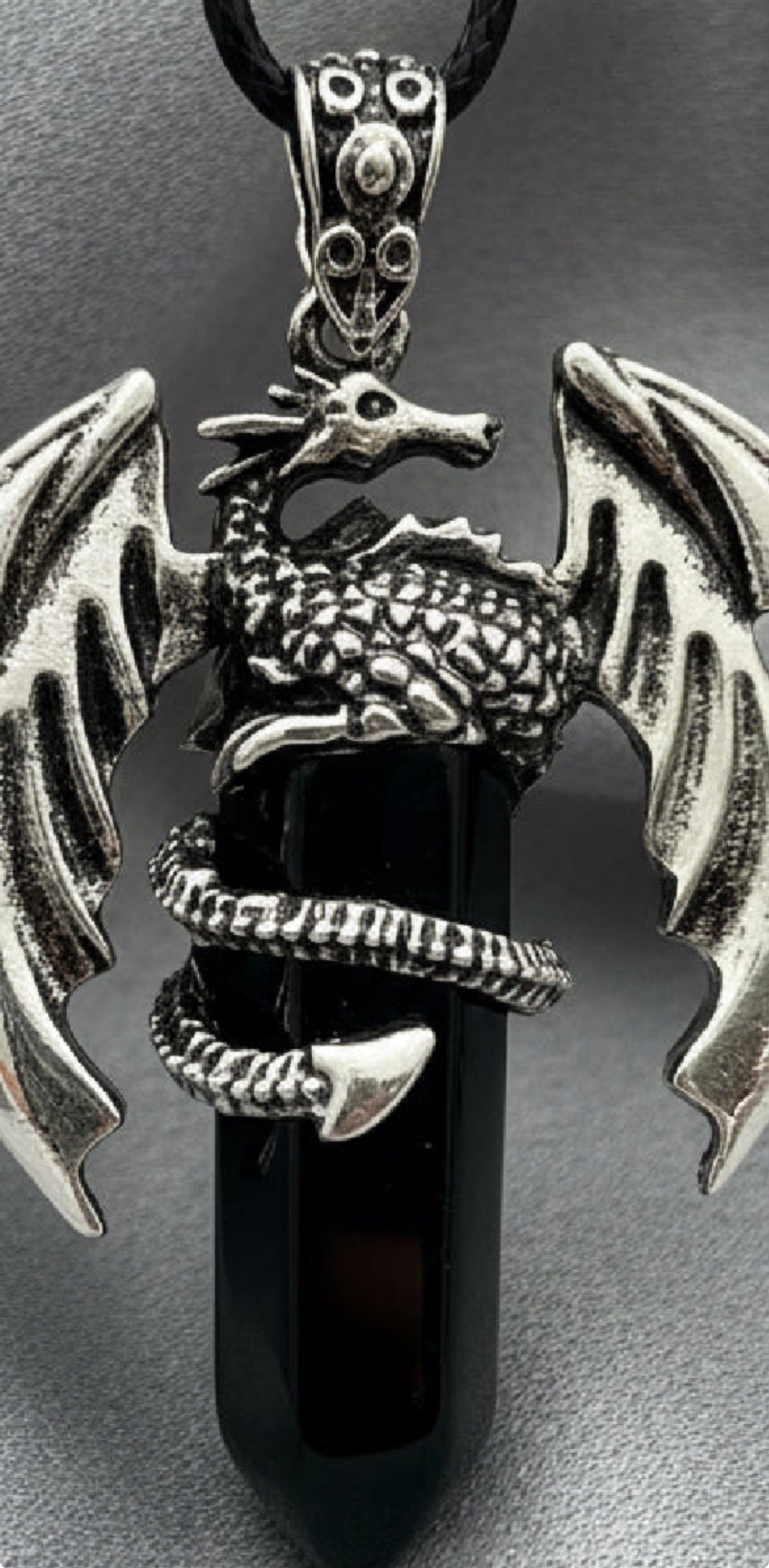 Black Obsidian dragon pendant necklace with silver-tone dragon