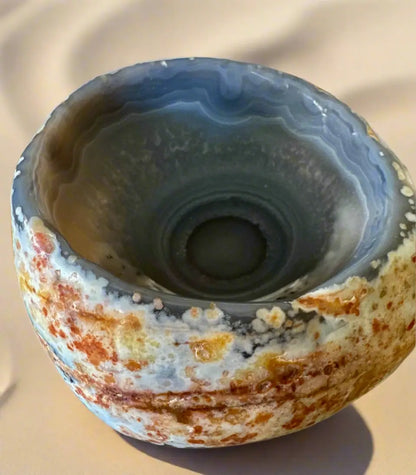 Agate apothecary bowl textured blue brown oval dish front view