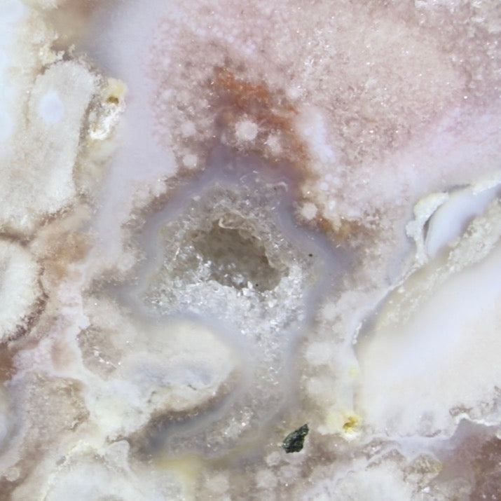 Abstract close-up of flower agate slab showing druzy pockets and beautiful colors