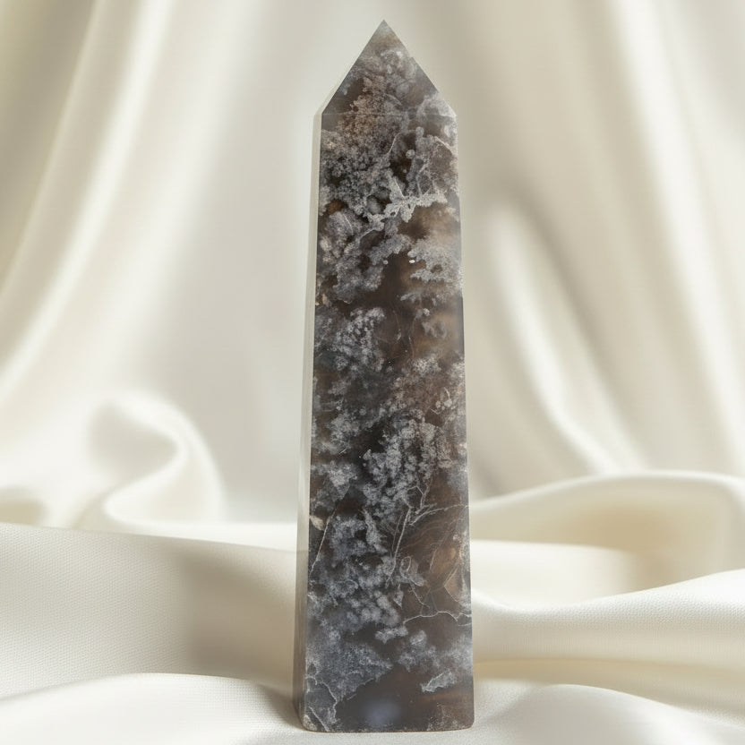 A natural pointed crystal tower flower agate four side beautiful mossy, and dark inclusions
