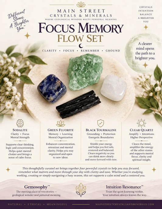 A square promotional graphic for the Main Street Crystals & Minerals Focus Memory Flow Set, showing four polished gemstones arranged on a white surface with a black tray. The stones are labeled with names and benefits: sodalite, green fluorite, black tourmaline, and clear quartz.