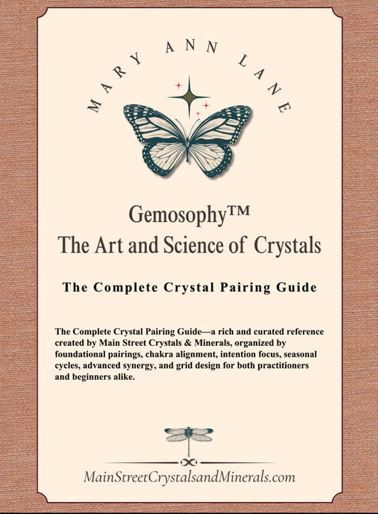 Book cover of 'Gemosophy: The Art and Science of Crystals' by Mary Ann Lane with butterfly illustration on a textured background.