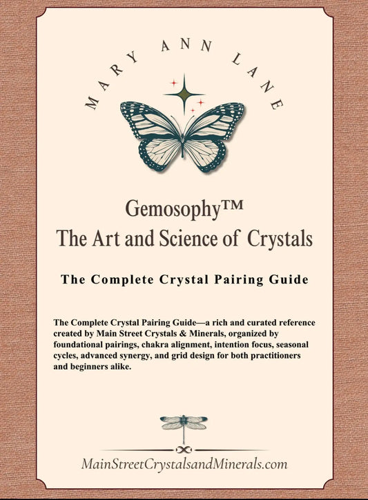 Book cover of 'Gemosophy: The Art and Science of Crystals' by Mary Ann Lane with butterfly illustration on a textured background.
