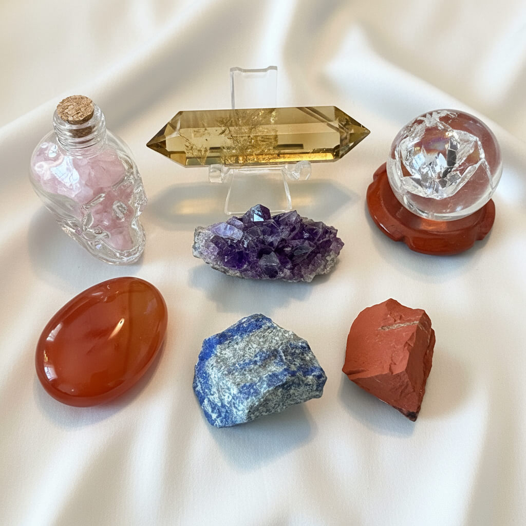 Seven Chakras Seven Stones Rose Quartz in a glass skeleton vessel, Citrine Double Point, Clear Quartz Sphere, Red Jasper Sphere Stand, Amethyst Raw, Carnelian polished tumble (drilled and ready to be made into a pendant, lapis lazuli and red jasper rough raw stones