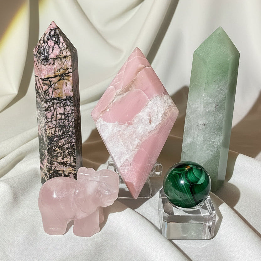Rhodonite Tower, Green Aventurine Tower, Pink Opal Diamond Shape Carving, Carved Rose Quartz Elephant, Malachite Sphere with glass stand 