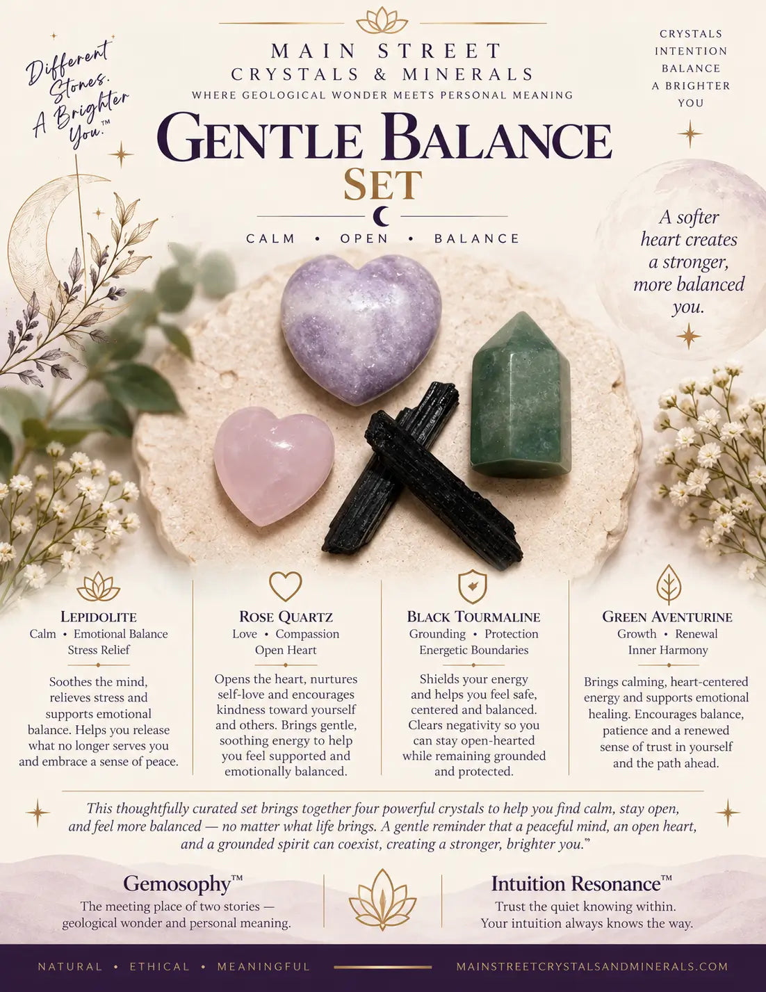 An informational graphic for the Main Street Crystals & Minerals Gentle Balance Set, featuring illustrations of a black cat, crystals, and text detailing the meanings of the stones included in the set.