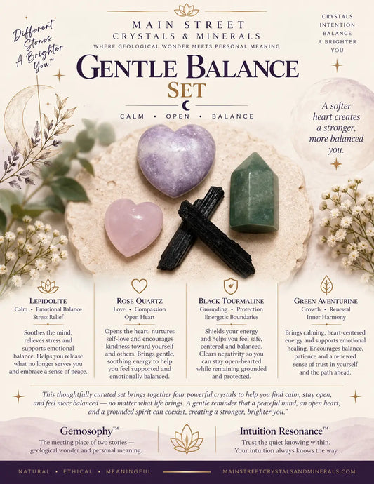 An informational graphic for the Main Street Crystals & Minerals Gentle Balance Set, featuring illustrations of a black cat, crystals, and text detailing the meanings of the stones included in the set.