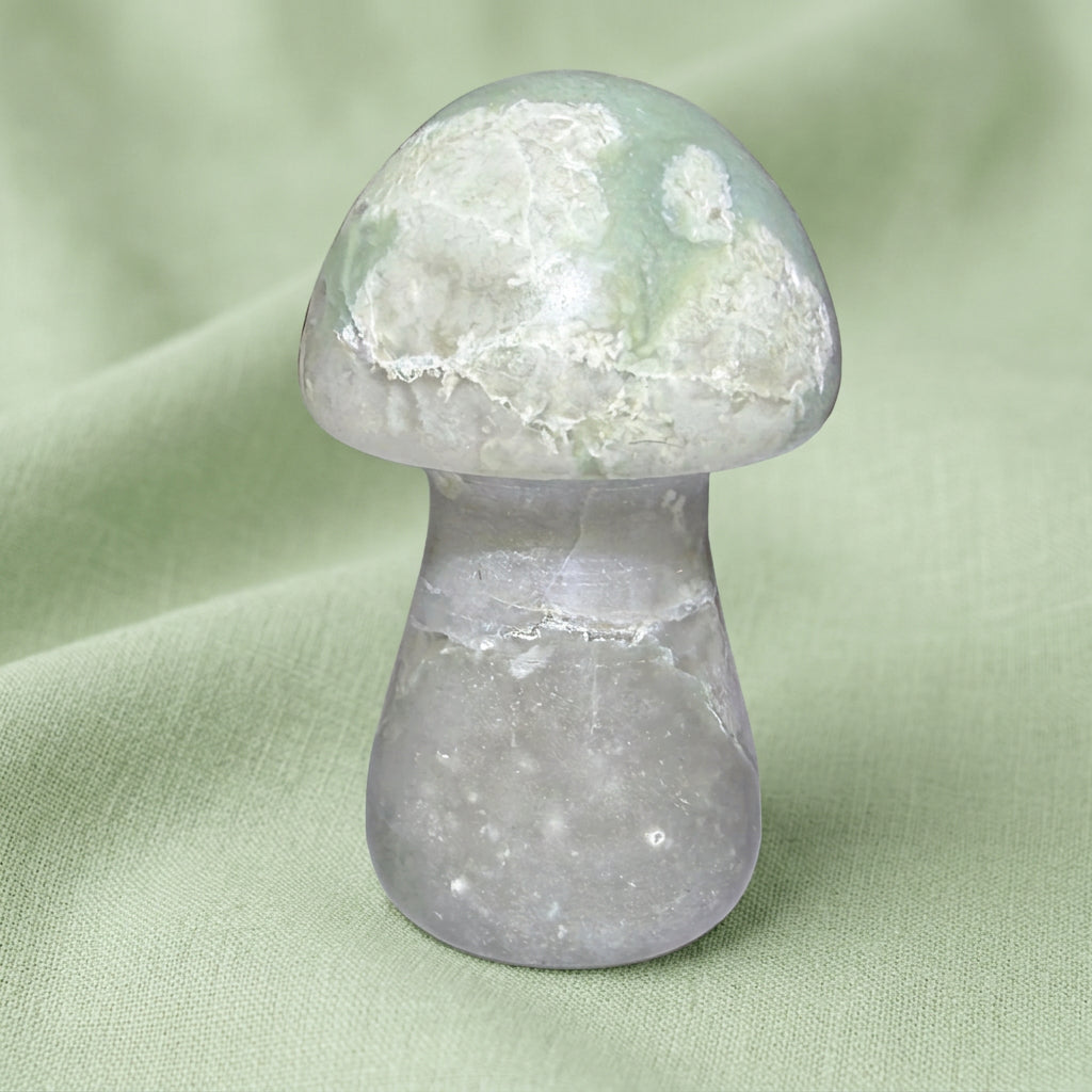 Close-up photo of Green Jedidite carved mushroom 