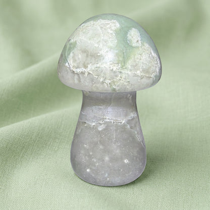 Close-up photo of Green Jedidite carved mushroom 