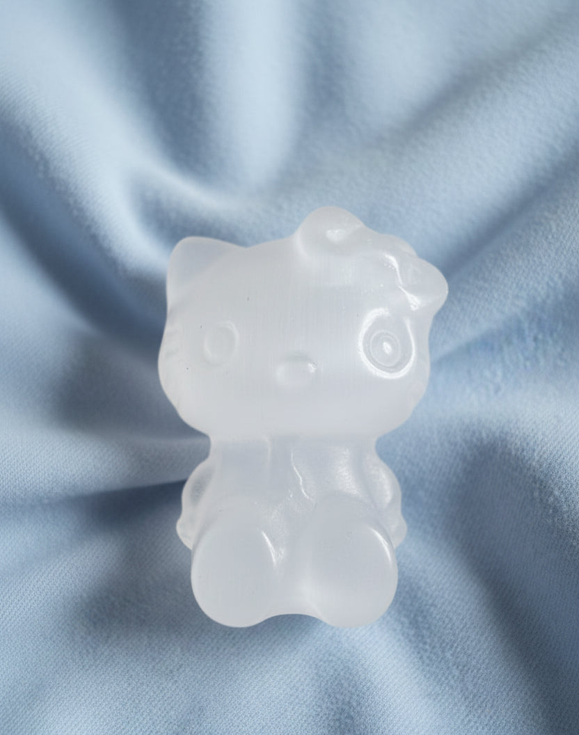 Chatoyant selenite hello kitty carving cats-eye effect 