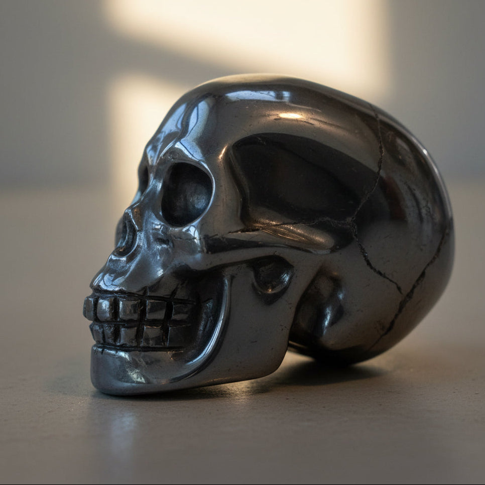 close up of hematite smooth polished silver skull
