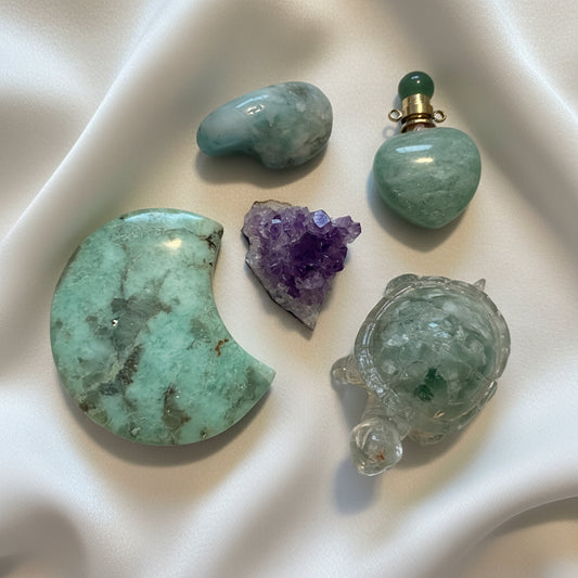 five piece set amethyst, crescent moon,  orgone turtle, pendant, polished tumble and raw amethyst. 