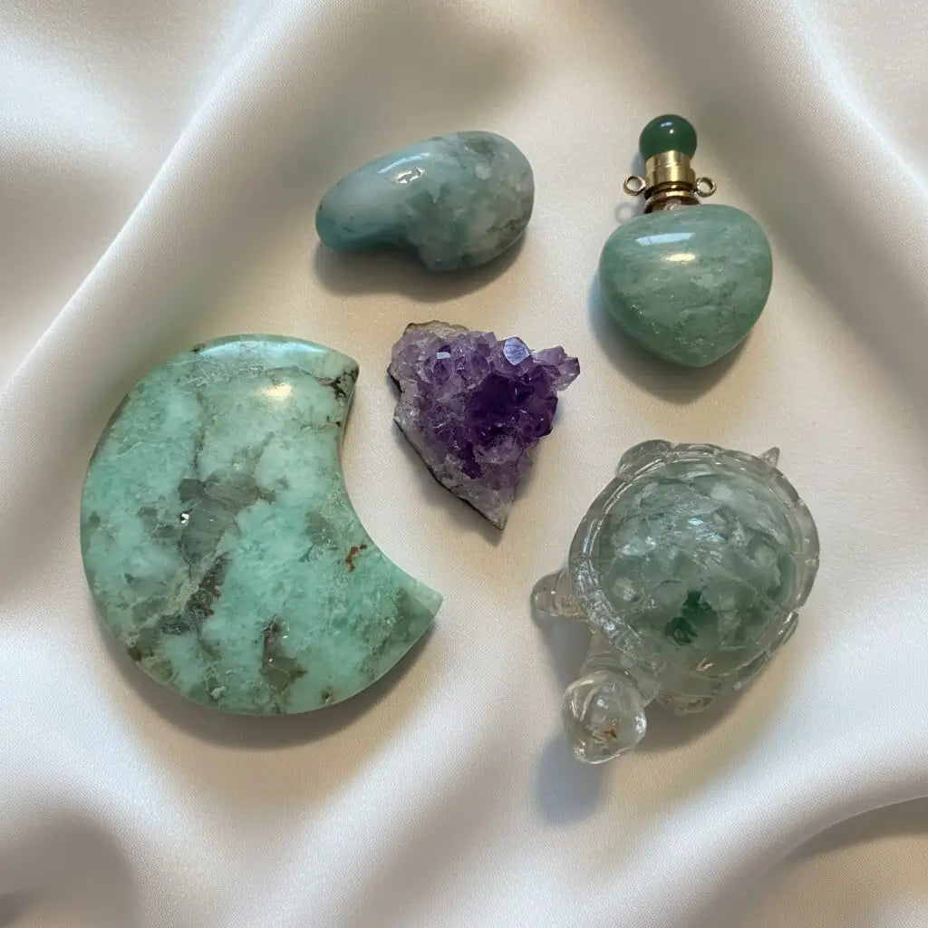 five piece set amethyst, crescent moon,  orgone turtle, pendant, polished tumble and raw amethyst. 