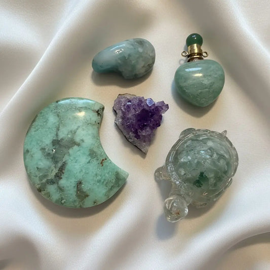 five piece set amethyst, crescent moon,  orgone turtle, pendant, polished tumble and raw amethyst. 