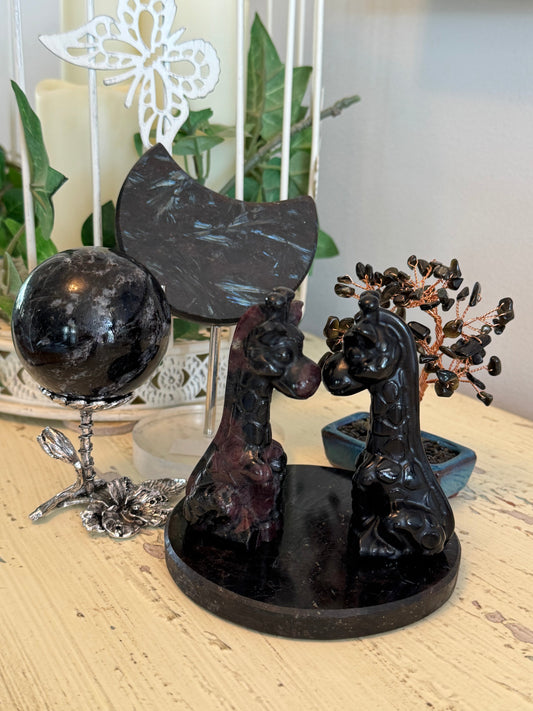 Arfvedsonite Mineral Set with Black Obsidian and Garnet Giraffes - Main Street Crystals & Minerals