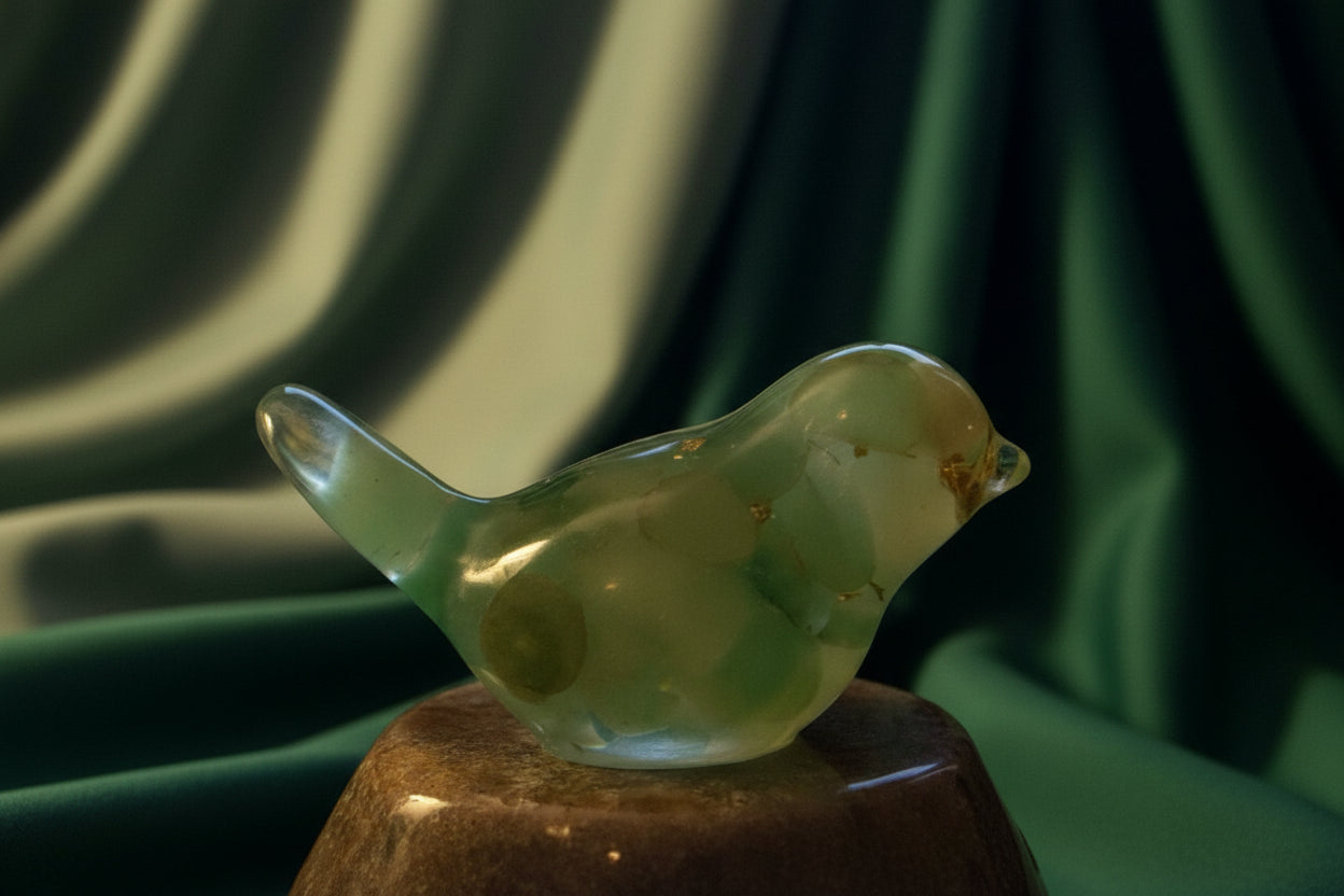 close up of green chalcedony orgonite bird with crystals and metal shavings 