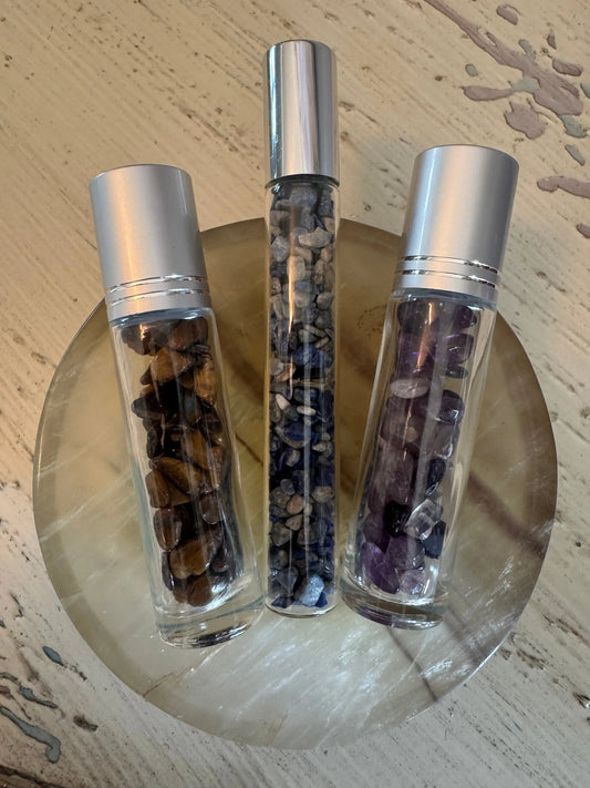 Crystal chip essential oil roller vials with silver caps