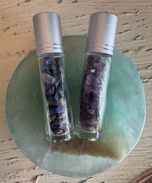 Essential oil roller vials filled with genuine crystal chips