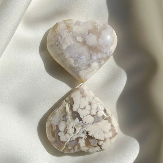 set of two flower agate carved hearts 
