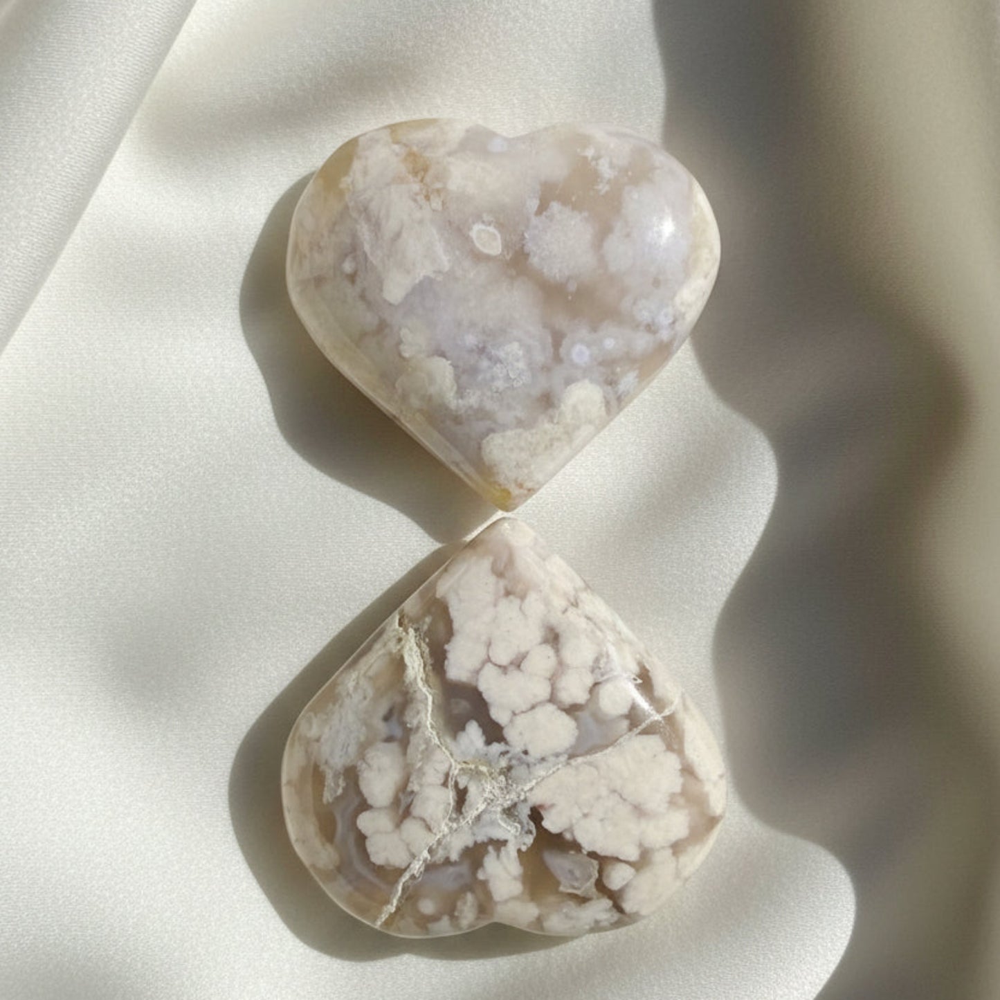 set of two flower agate carved hearts 