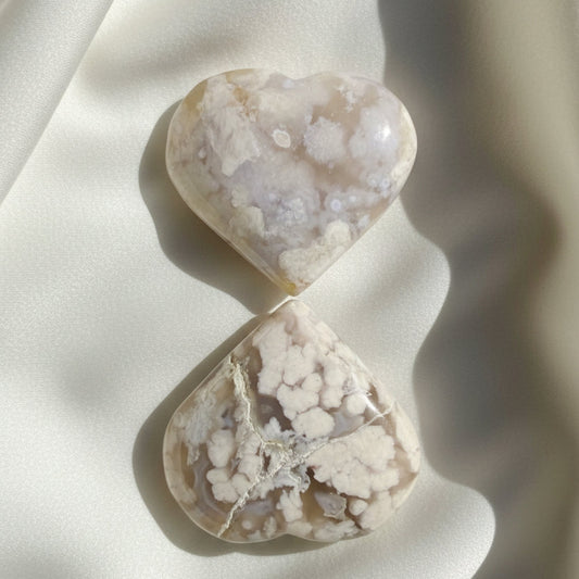 set of two flower agate carved hearts 